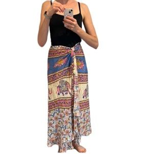 Vintage silk wrap skirt with elephant motifs. Made in India.